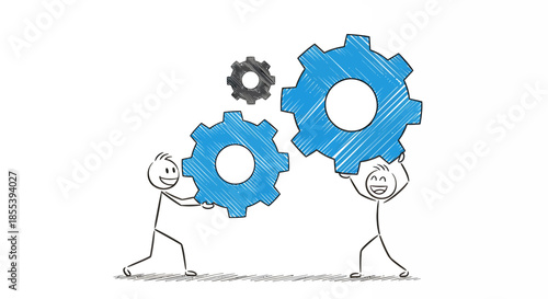 A whimsical illustration depicts two stick figures collaborating to assemble large blue gear cogs, symbolizing teamwork and the mechanics of an engine vector design.