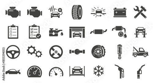 This vector illustration showcases a comprehensive collection of car service and repair icons, perfect for automotive businesses and educational materials, presented in a clean, minimalist style.