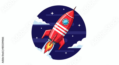 A vibrant vector illustration depicts a cartoon rocket ship soaring through a starry night sky, symbolizing innovation, space exploration, and futuristic concepts.