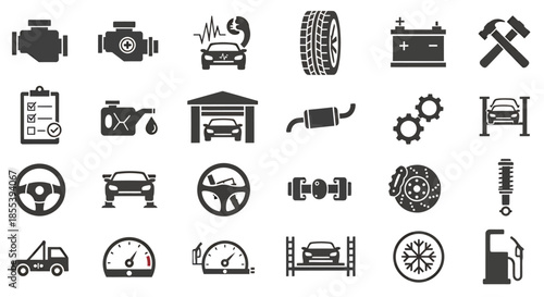 A comprehensive collection of monochrome vector icons illustrating various automotive repair and car service elements for modern design projects.