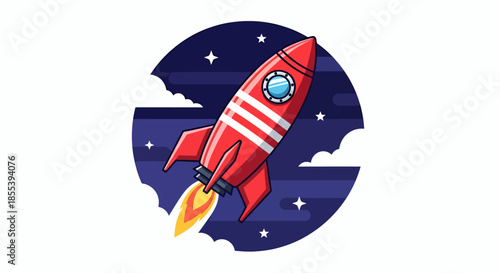 A vibrant red cartoon rocket with a powerful engine launches skyward into a dark starry night, symbolizing innovation and rapid progress.