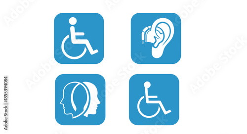 A set of vector icons representing accessibility and inclusivity, featuring wheelchair symbols, hearing aids, and mental health awareness, designed on a clean white background.