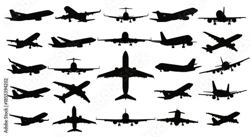 A striking vector illustration showcases a diverse collection of airplane silhouettes, perfect for aviation-themed designs, travel promotions, or commercial projects with a focus on flight and