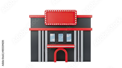 3D Retro Cinema Building with Marquee and Archway on transparent background