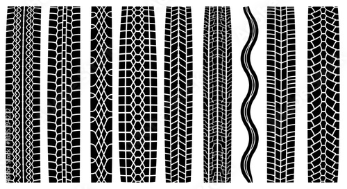 Detailed vector illustration of various tire tread patterns, showcasing different designs for optimal grip and performance on diverse road surfaces for vehicle engine.