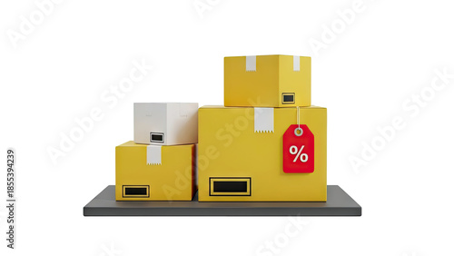 3D Shipping boxes with a percentage discount tag on transparent background