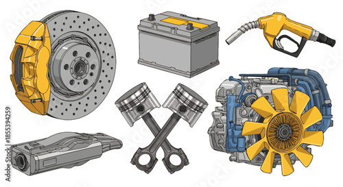 A detailed vector illustration showcases essential automotive parts like an engine, brake disc, battery, and fuel nozzle, perfect for car repair and service concepts.
