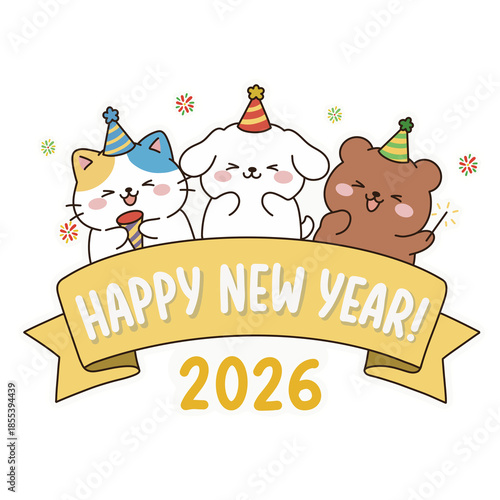 Adorable Happy New Year 2026 sticker featuring a cute cat, dog, and bear in party hats. Perfect for kids' cards, festive stationery, and digital planners. Sweet and joyful celebration design!