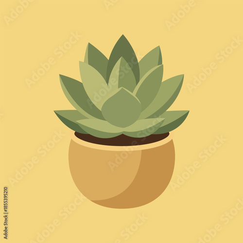 Cute Potted Succulent Plant Vector  Flat Design Green Echeveria Houseplant in Beige Pot on Yellow Background.