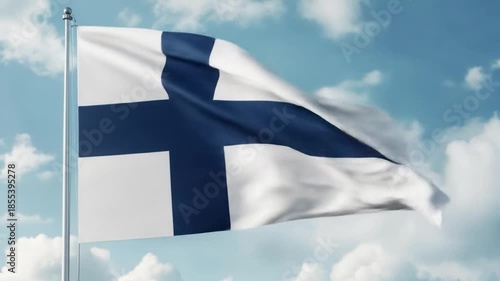 Finland National Flag Waving in Wind on Blue Sky Background, Symbol of Finnish Patriotism and