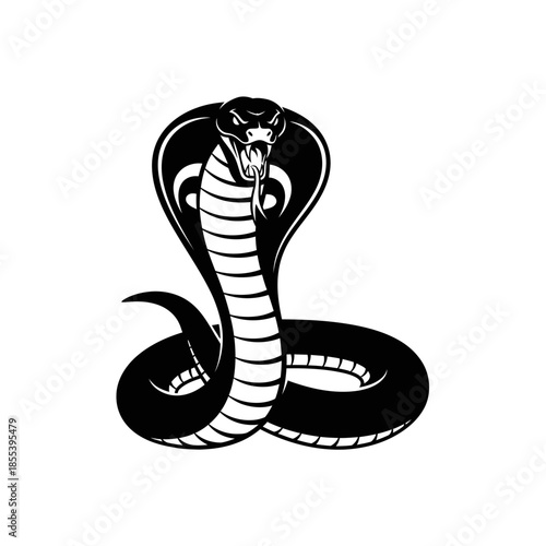 A striking black and white illustration of a cobra with a flared hood