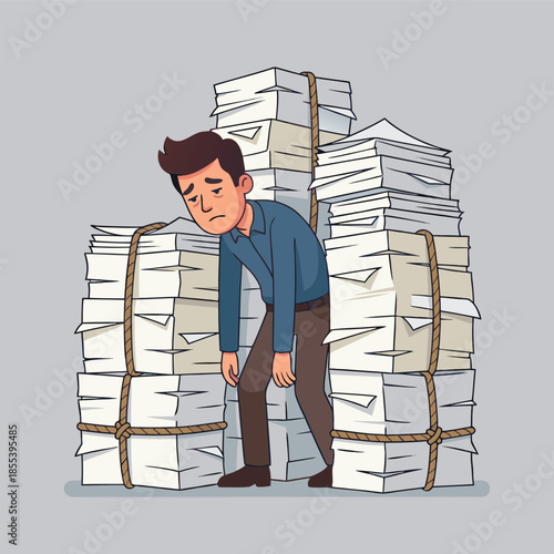 Overwhelmed businessman buried under a huge pile of documents and paperwork.
