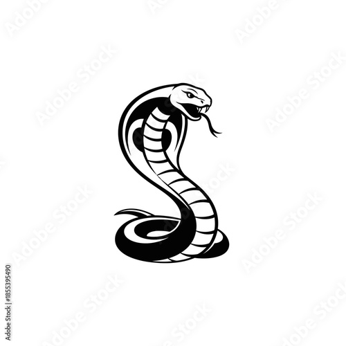 A striking black and white illustration of a cobra in a coiled pose