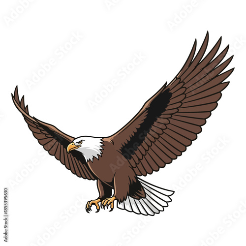 A majestic bald eagle soars with wings outstretched in flight