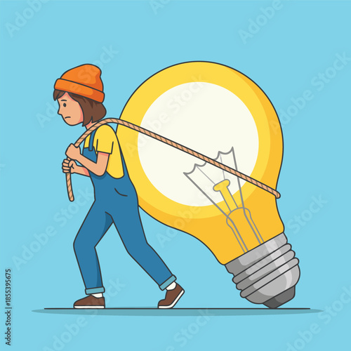Person struggling to carry a giant light bulb representing an idea.