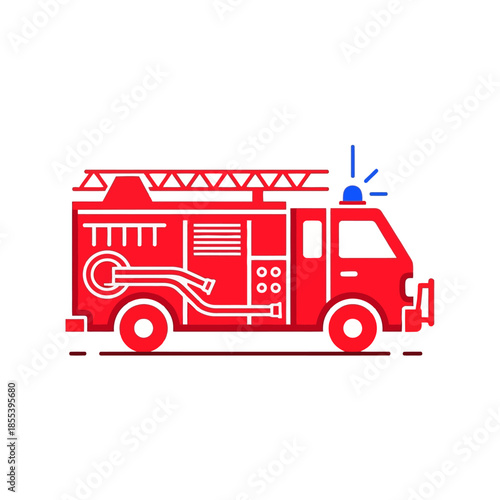 A simple red illustration of a fire truck with a ladder and blue light
