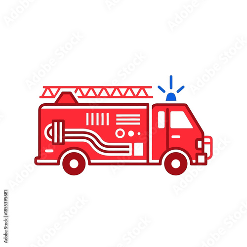 A vibrant red fire truck with a flashing light on top side view