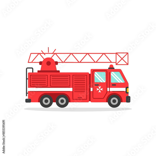 A simple cartoon illustration of a bright red fire engine with a ladder