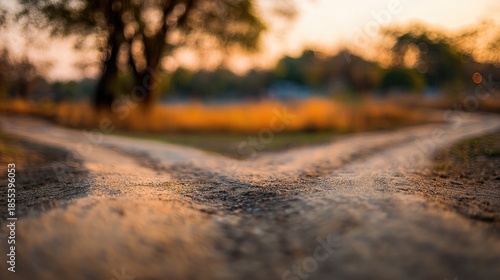 Wallpaper Mural divergence. A symbolic crossroads splitting into two paths, bathed in soft golden hour light with a minimalist aesthetic. wellbeing guides. Torontodigital.ca