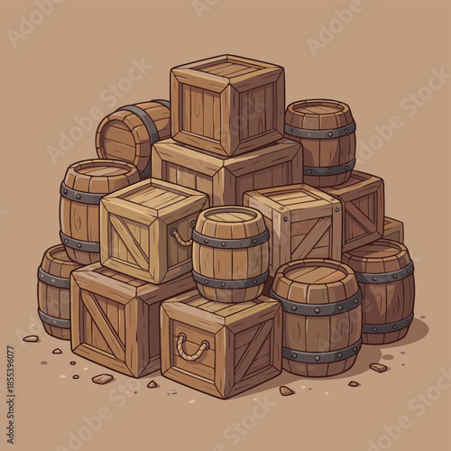 Pile of Wooden Crates and Barrels.