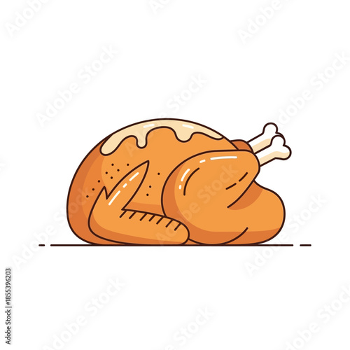 A cartoon illustration of a golden brown roasted turkey with detailed features