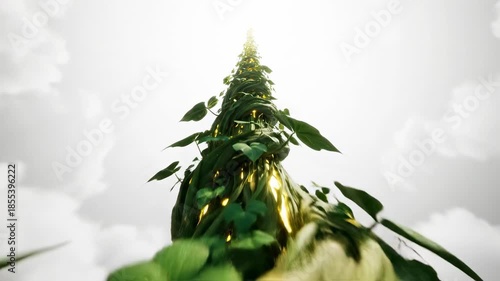 Dynamic animated shot tracking rapidly up a gigantic fantasy beanstalk as it spirals high into the sterile white environment suggesting infinite potential backdrop, rapidly, motion