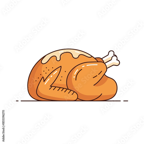 A cartoon illustration of a golden brown roasted turkey with detailed features