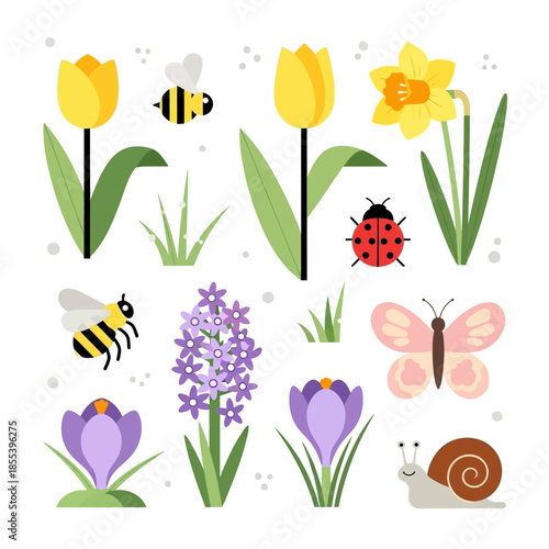 Spring blooms and buzzing insects a cheerful floral and fauna illustration