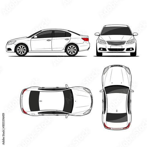 Detailed views of a modern white sedan from various perspectives