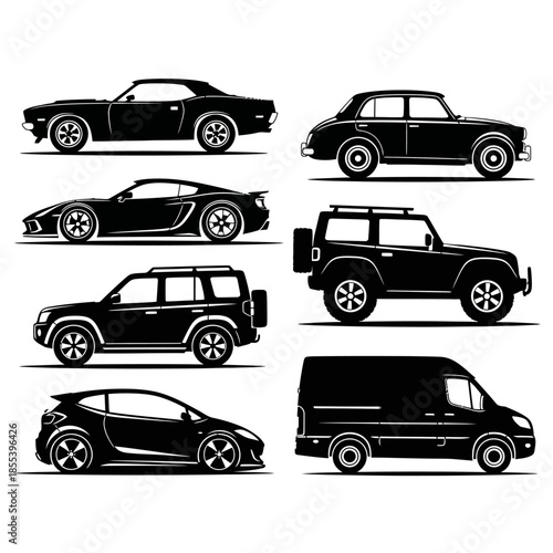 Collection of various vehicle silhouettes including cars vans and suvs displayed
