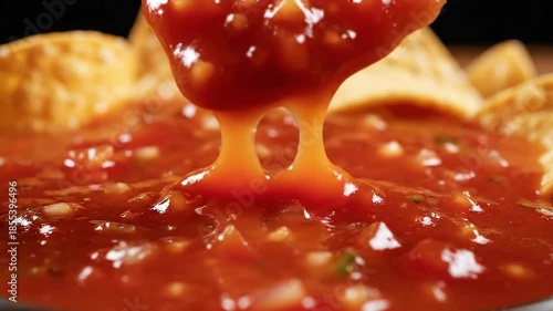 Close-Up: Red Salsa Sauce Drizzling onto Golden Tortilla Chips against a Dark Backdrop Food Presentation Fresh Ingredients