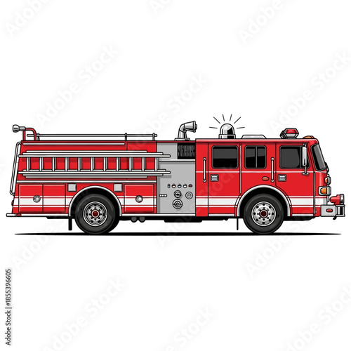 Detailed illustration of a classic red fire engine with a rotating beacon