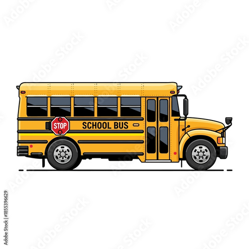 A vibrant yellow school bus illustration side view with a stop sign displayed