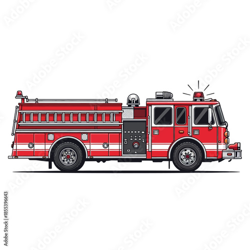 Detailed illustration of a classic red fire truck side view presentation