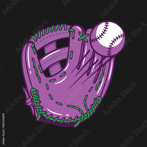 Purple baseball glove and ball illustration.