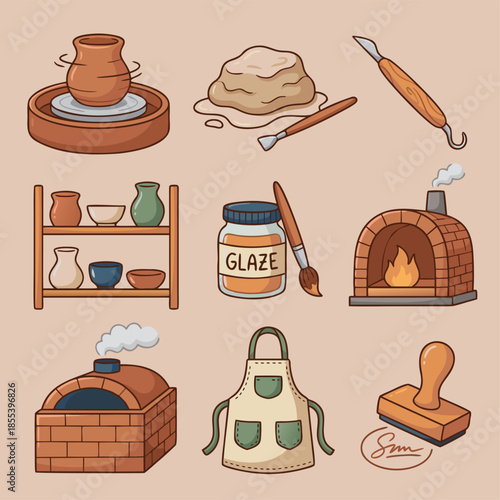 Pottery Making Tools and Equipment Illustration.