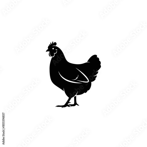 A minimalist black silhouette of a hen standing in profile view