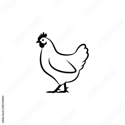 Simple black and white line drawing of a single hen or chicken