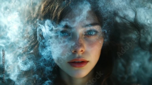 Mystical Woman with Blue Eyes Surrounded by Ethereal Smoke.
