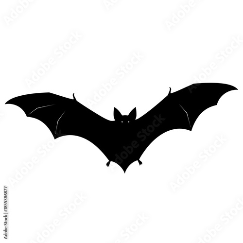 A simple black silhouette of a bat with outstretched wings against white