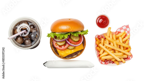 Flat lay composition of a fast food meal with burger fries and beverage isolated on white background