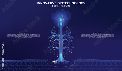 A bright, futuristic and ancient tree, with branches and roots in the shape of a circuit board that symbolize the growth of the network and data and connection with technology for the care of planet