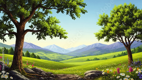 Two Trees in Green Landscape Painting.