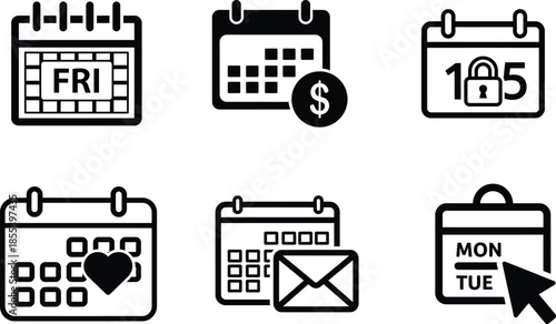 black and white calendar icons for digital planning and organization tools