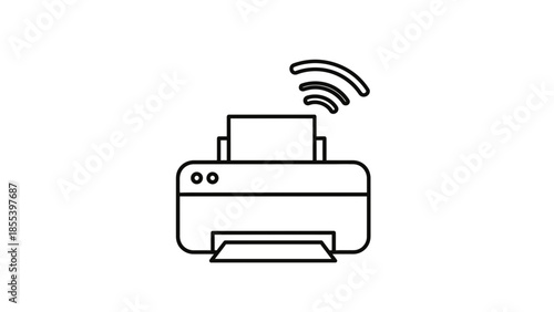 A black and white line drawing of a printer with a wireless signal emitting from it.