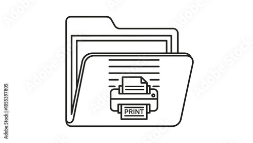 Line art illustration of a folder containing a document being printed by a small printer icon, representing digital file output and print command