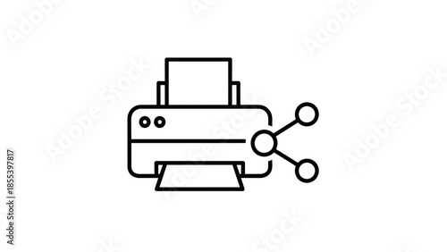 Line art icon depicting a printer linked with a share symbol, signifying digital document distribution, network printing, and collaborative sharing functions and connectivity