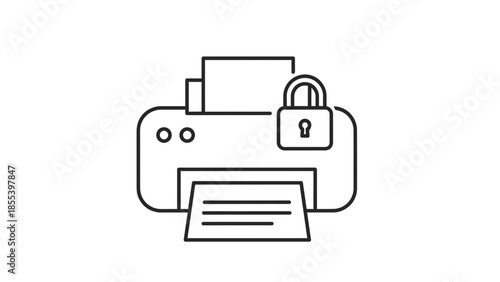 Outline icon depicting a printer with a security padlock, illustrating concepts of safe printing, document confidentiality, and office network protection
