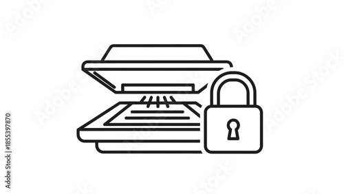 Line art icon representing secure document scanning, featuring a flatbed scanner with a padlock, symbolizing digital data privacy, confidentiality, and protected information access