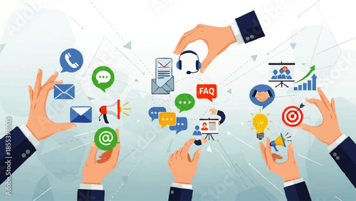 Hands holding various digital icons and symbols.